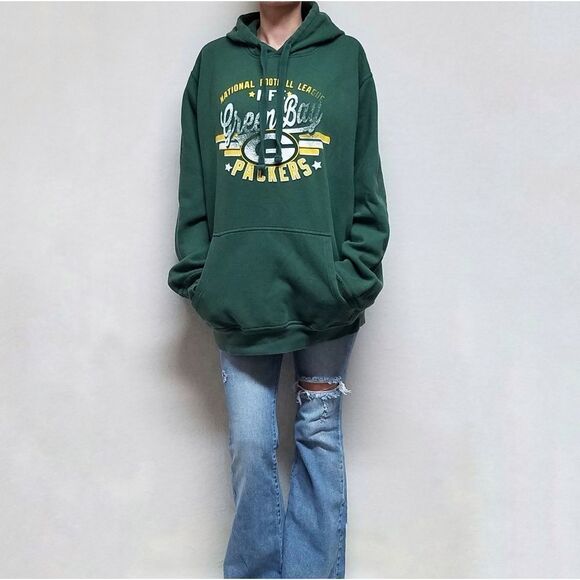 VINTAGE 1990s NFL Green Bay Packers Green Yellow Oversized Pullover Hoodie Large - Picture 2 of 14